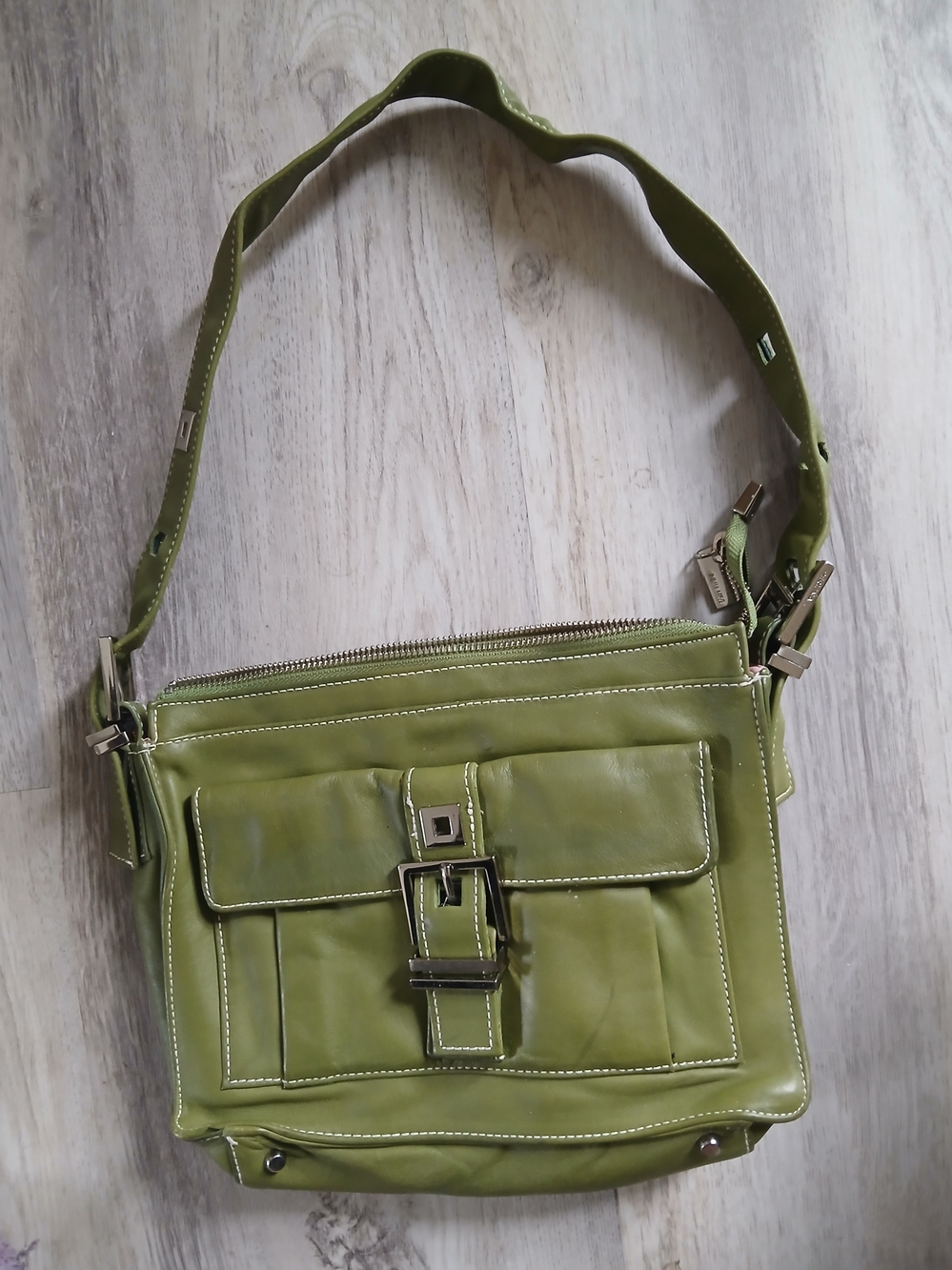 Perlina Olive Green Leather Shoulder Bag with Front Buckle